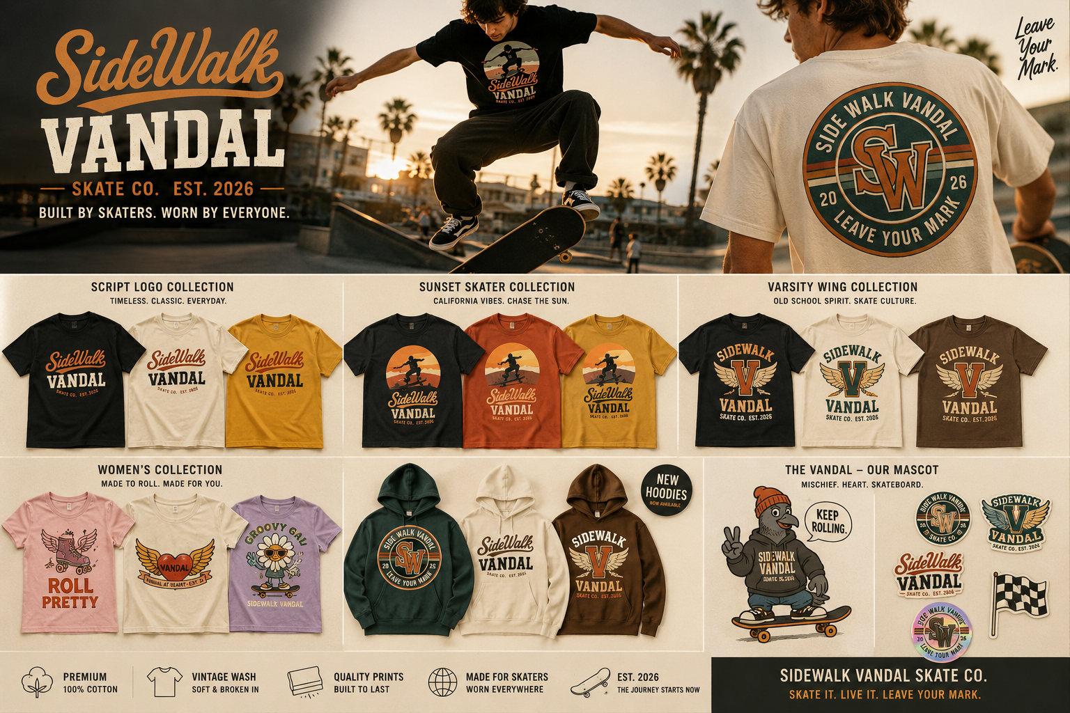 SideWalk Vandal brand board featuring hero lifestyle photography, tee collections, women's picks, hoodies, mascot artwork, and accessories laid out in one approved visual direction.