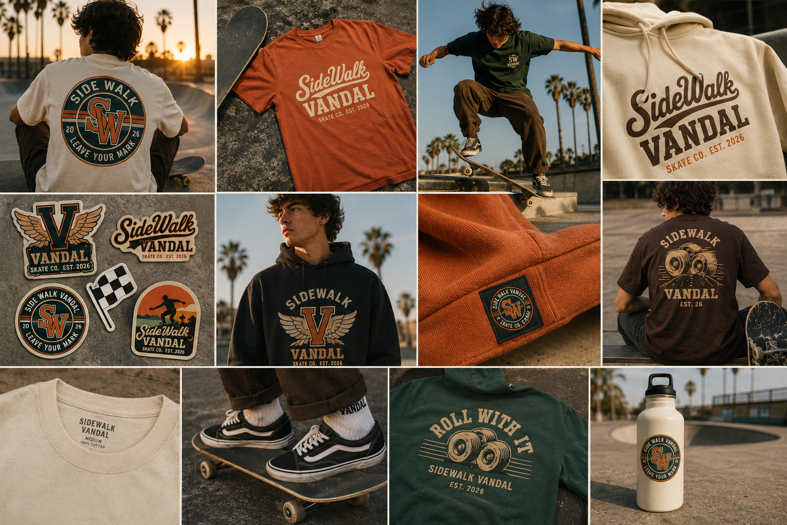 SideWalk Vandal collage showing hoodie and tee graphics, sticker art, product labels, fabric details, skate motion, and the insulated bottle in the same warm retro palette.