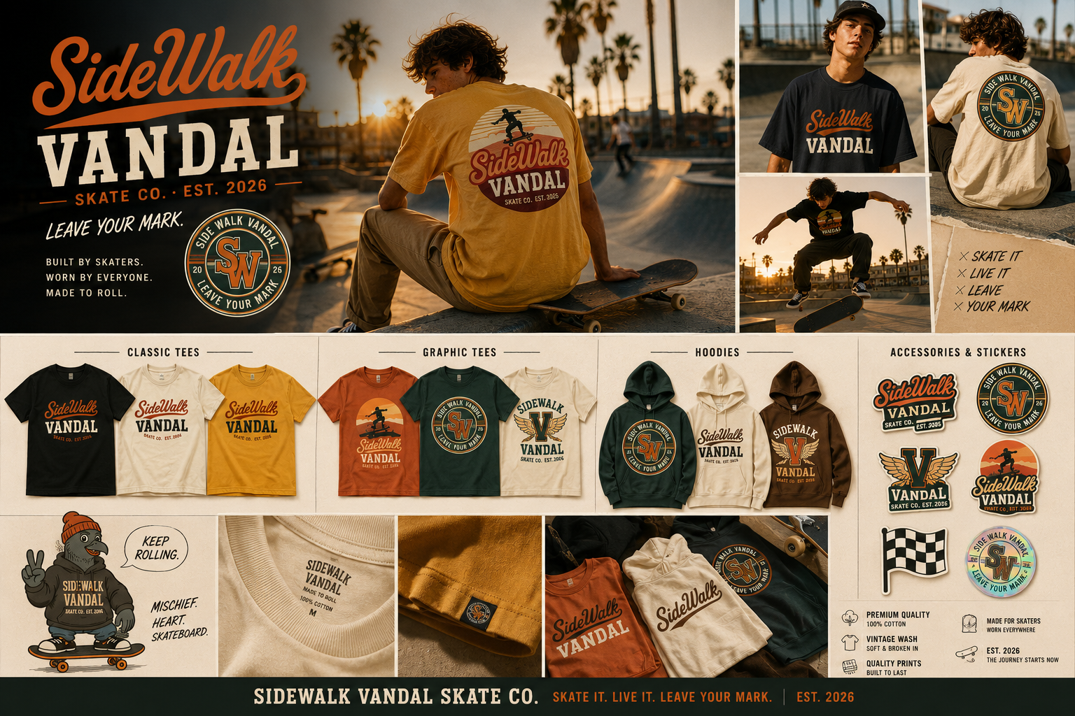 SideWalk Vandal lifestyle board combining skatepark hero imagery, apparel groupings, sticker accessories, fabric close-ups, and brand details in one consistent presentation.