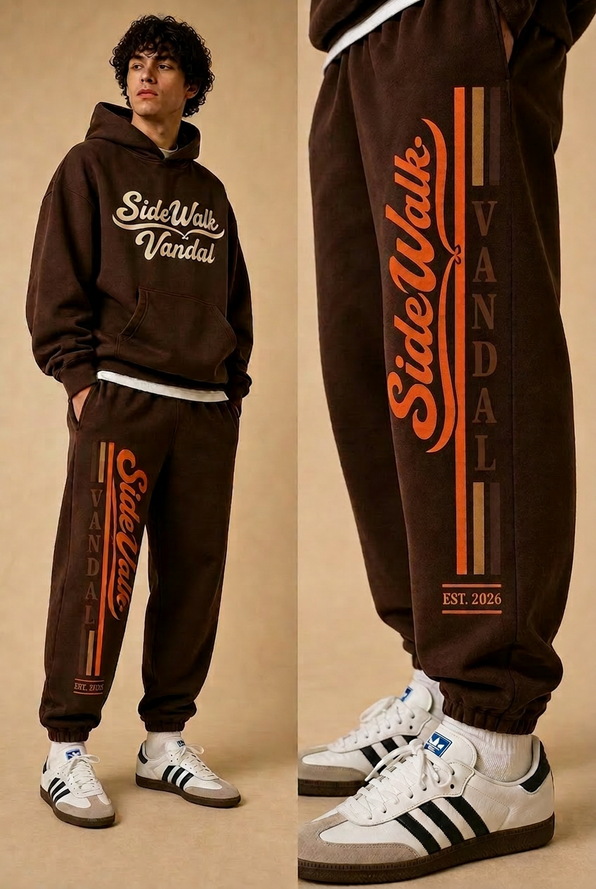 SideWalk Vandal cocoa hoodie and joggers — front and detail