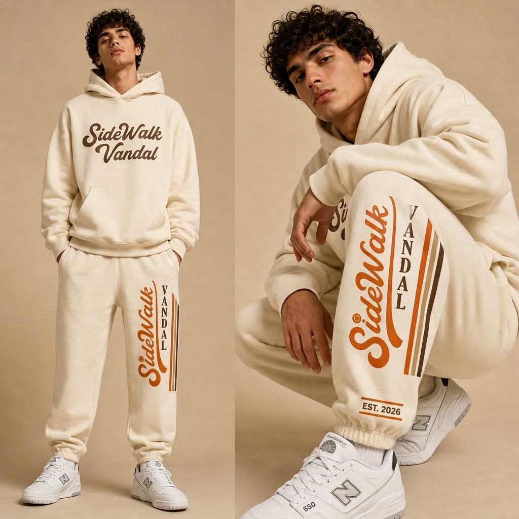 SideWalk Vandal cream hoodie and joggers — full look
